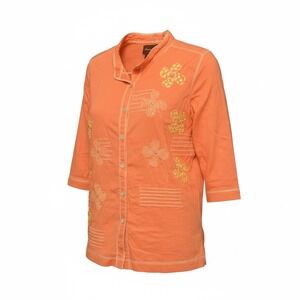 Sharon Anthony Orange Cotton Floral Embroidered 3/4 Sleeve Button Up Women L